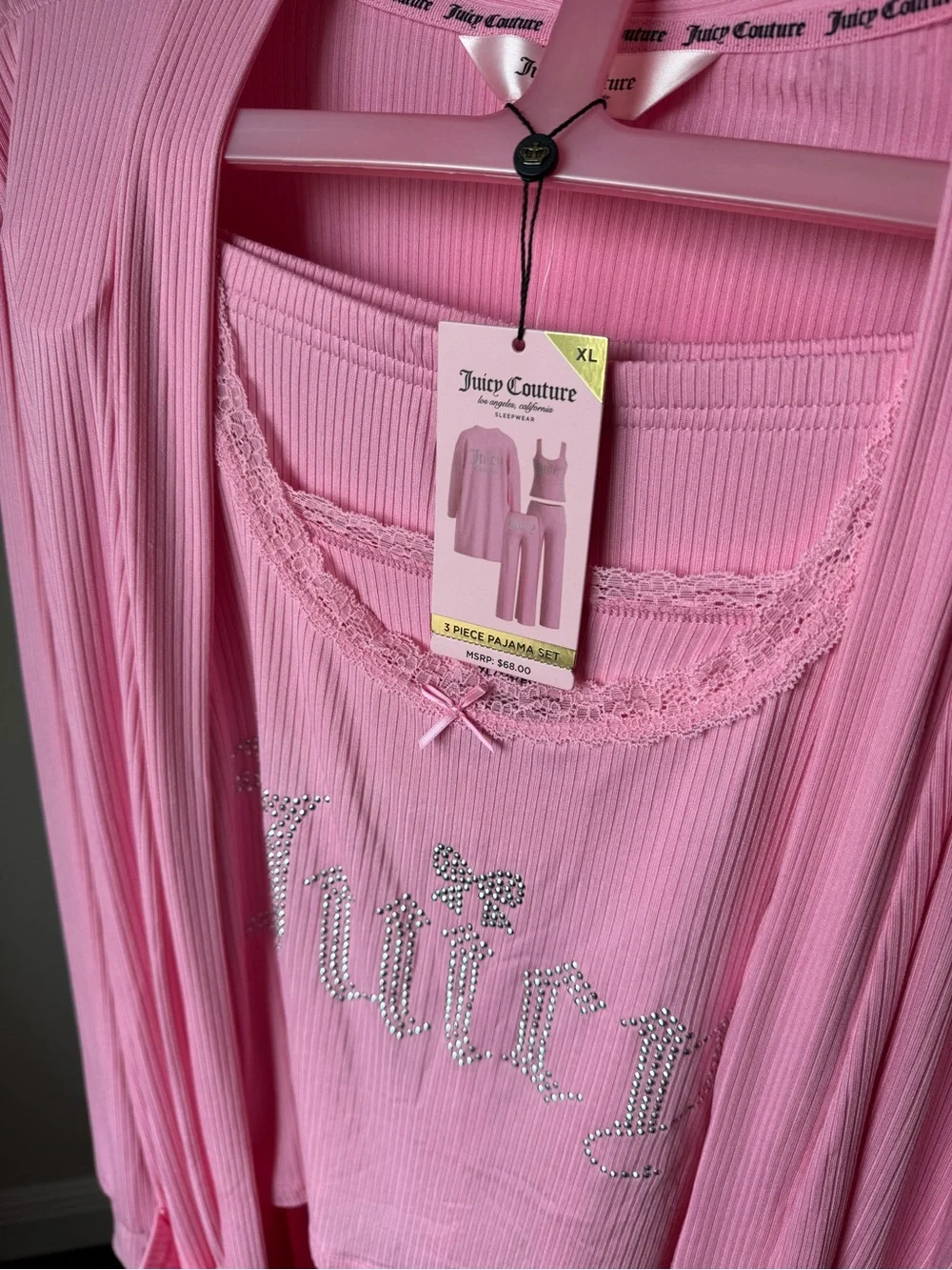 Juicy Couture Pink Ribbed 3-Piece Lounge Set with Rhinestone Logo
